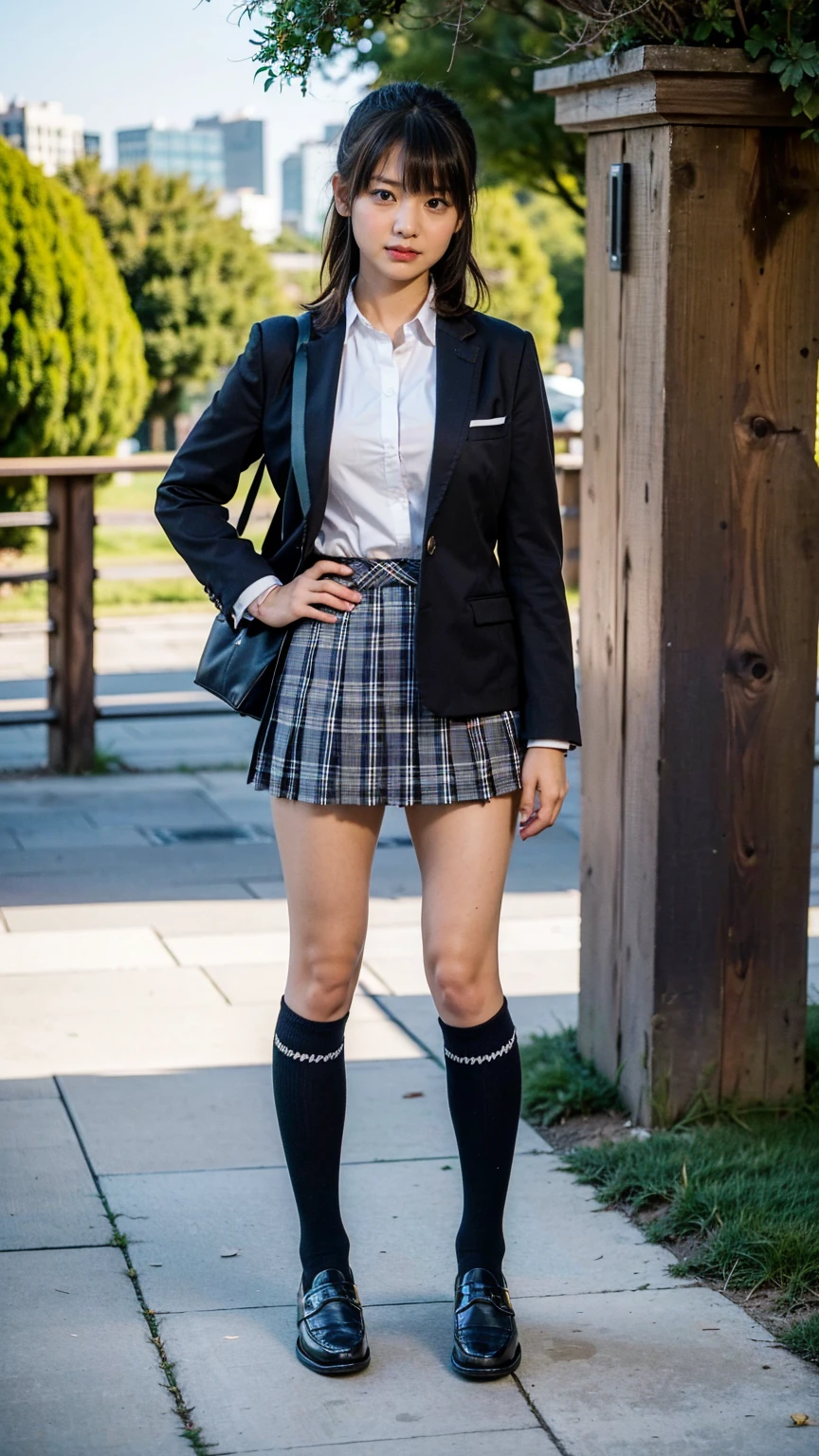 (8K、RAW Photos、Highest quality、masterpiece:1.2)、(Realistic、Realistic)、1 Girl、((Black Check Mini Skirt、High School Uniform、blazer、Navy Socks、loafers、Medium Hair、garden、View from the front、Looking into the camera、Stand with hands on hips))、cute