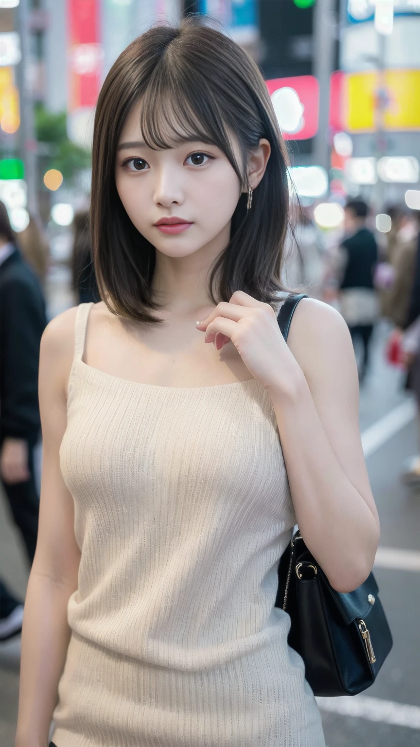 Ultra-high resolution, Superior Quality, Highest quality, Super detailed, Realistic, 8K, RAW Photos, Highest quality, masterpiece, Attractive girl, A wonderful girl, Brown Hair, Shoulder-length layered, Asymmetrical bangs, K-Pop Idols, Sophisticated, stylish, White knit, Shibuya Ward,