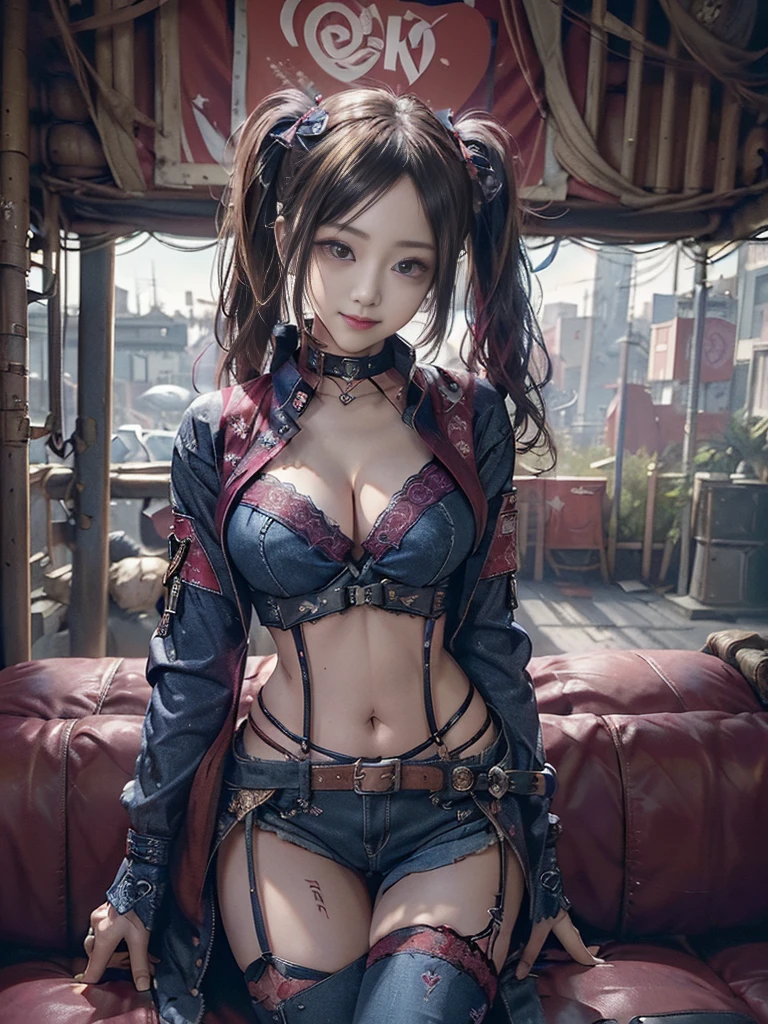 (Full Body View:1.2)、(Smiling with teeth showing:1.3),(Shibuya Gal:1.5)、(Beautiful:1.4)、(Neo-Goth Fashion:1.5)、(Punk RockVisual Kei:1.3)、(Futuristic red, magenta, denim and navy blue bodysuit:1.5)、(Delicate red and magenta cardigan:1.5)、(Gorgeous decorated corset:1.4)、(Navy garter belt:1.5)、(Red and magenta cargo pants:1.3)、(Heart-shaped silver accessories:1.5)、(Brown Skin Belt:1.4)、(Red high heels:1.4)、(Lace underwear:1.4)、20-year-old、Browsing Caution,((Highest quality、In 8K、masterpiece:1.3))、Sharp focus:1.2、(Layered Cut、Huge breasts:1.1),Beautiful woman with perfect figure:1.4、(Dance vigorously:1.3)、Slim Abs:1.2、Butt、Highly detailed face and skin texture、Fine grain、double eyelid,(Twin tails:1.3)、(Brown blonde:1.3)、Obscene、Idol Sculpture、(In the background is a gorgeous medieval metropolis on a sunny day:1.3)、(Slimming your legs:1.4)、(The body is slim:1.3)、(clavicle:1.1)