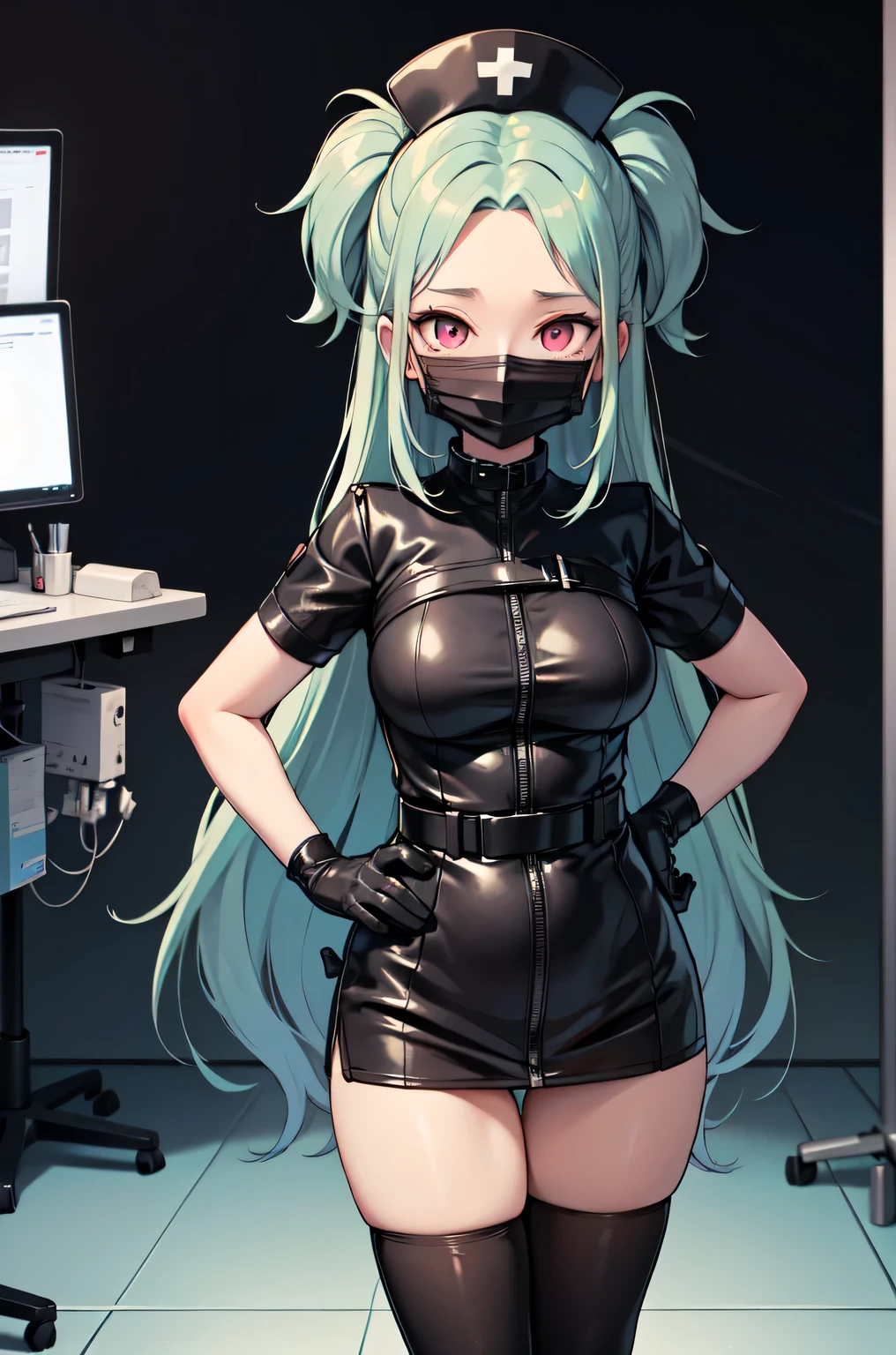 black nurse, 1woman, solo, black nurse cap, black nurse uniform, ((black legwear, zettai ryouiki)), black elbow gloves, forehead, long hair, green hair, pink eyes, ((black surgical mask, covered nose)), standing, ((surgery room)), sharp outline, short sleeves, mature female, 35 years old, best quality, masterpiece