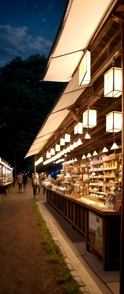 Highest quality, masterpiece, Very detailed, Super detailed, landscape, Outdoor, countryside, Nobody is here, No people, unmanned, Japan, summer night, Summer festival, stall, Festivals, Opening a store, Lantern, Realistic Light,