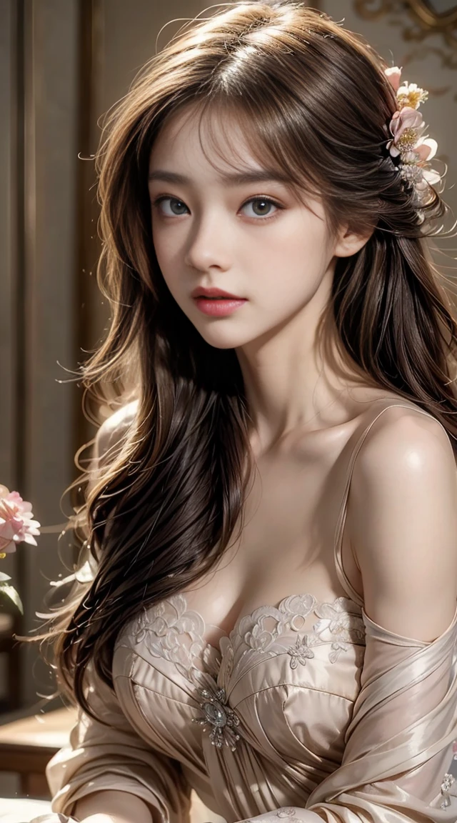 (Highest quality,High resolution,masterpiece:1.2),Super detailed,Realistic:1.37,Traditional portrait style,Detailed face and eyes,Beautiful Lips,Fine brushwork,soft, Flowing Hair,Background delicate flowers,Subtle color palette,Soft lighting,Fusion of realism and fantasy,Ethereal atmosphere,Traditional beauty,Seductive pose,old clothes,Bright but not too strong colors,Delicate texture,Meticulous attention to detail,Graceful posture,Expressive eyes,Feminine characteristics,Unique composition,Artistic talent,A gaze that evokes emotion,A fantastic atmosphere,Sensual and elegant performance,The perfect balance between elegance and sensuality,Delicate facial features and expressions.