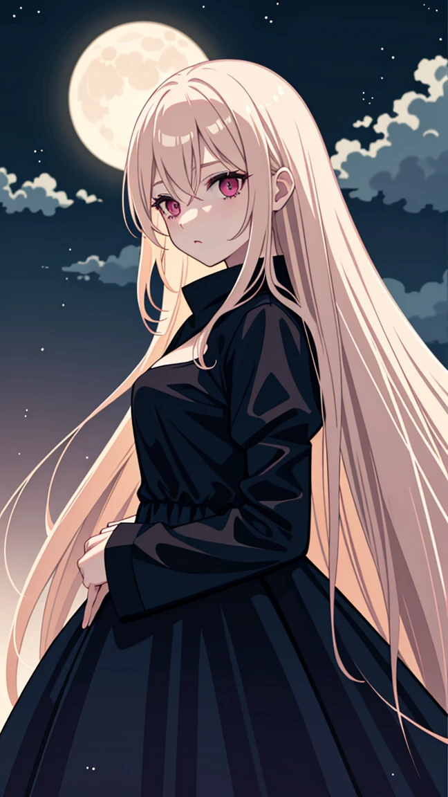 adult woman, pink eyes, long blonde hair, sexy black dress, moon, night