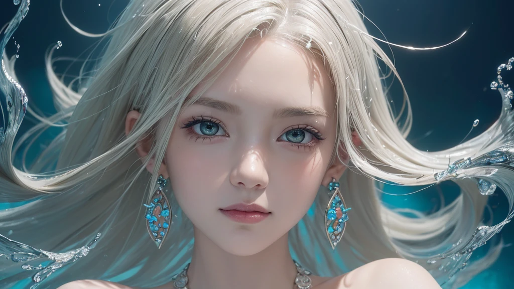 （Highest Quality Realistic Textured Skin),(terrible),(OK, round, Symmetrical eyes),Delicate facial features,(Burning bright cold eyes),(She has a mischievous smile),(Her face is kind and beautiful),Glass earrings in the ears,,(blonde),(Silvery white hair),(Chestnut Hair),(Swim at the bottom of the ocean)，(Full body portrait:1.5),(Dramatic Photos:1.4),(Dramatic Pose),(Flashy photos)(look up),(Looking down),(Around her neck is a simple necklace made with exquisite craftsmanship.),Cluttered photos，(Hair flowing in water:1.5),(Underwater, Life at sea, 美しいCoral Reef, fish),(Background vortices and currents),(Dramatic Light),(Nice views),(美しいfishに囲まれて),遠くの背景にはCoral Reefに沈んだ寺院が見える,Coral Reef,Spectacular realism,Cinematic atmosphere,(High-density image review:1.5),(Soft colors:1.2),Very detailed,Dramatic Light,(Intricate details:1.1),Complex background,