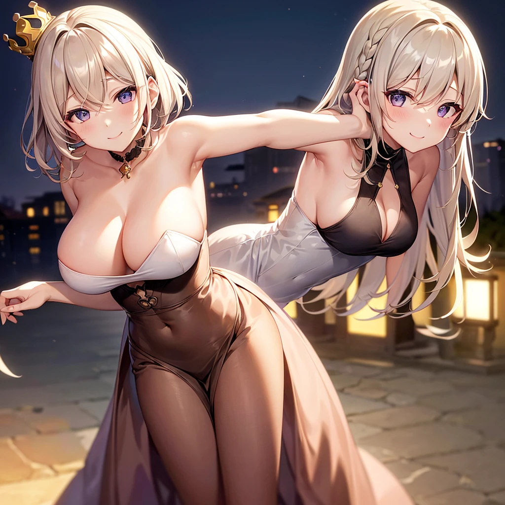 There is only one girl in the photo、, crown half up hairstyle,, leaning forward, girlan extremely delicate and beautiful girl, shiny platinum blonde hair, dusk sky,Big Breasts、Brown Dress。Exposing cleavage、smile、Dyed by the sunset、Free Pose。