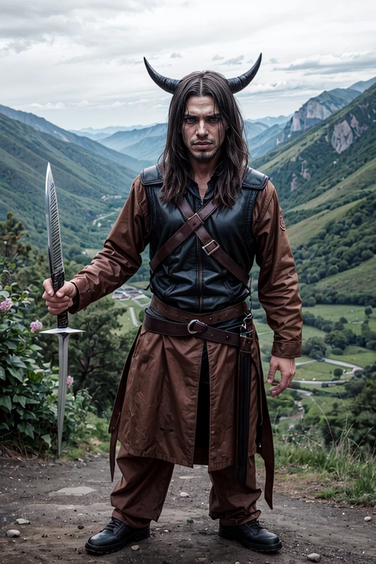 Real amateur photos posted , Demon Face、The background is the mountains、Holding a sword