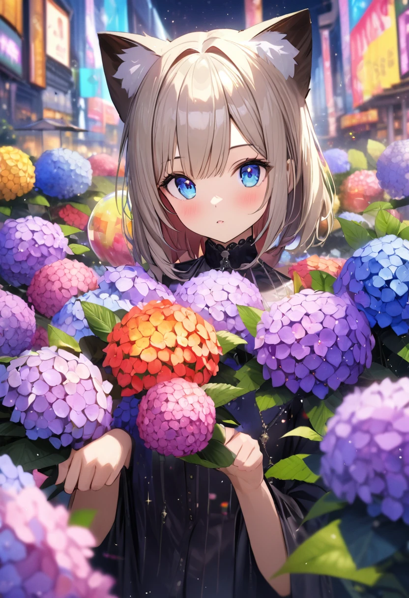 hydrangea park, kitten of the Burmese or Siamese breed, a-color cat eyes,Blur background,glitter effect,of the highest quality, 4k, 8k, high resolution, Masterpiece:1.2, Very detailed, realist:1.37, high resolution, 超high resolution, ultrafine paint, sharp focus, Physically based representation, Very detailedな説明, professional, vibrant colors