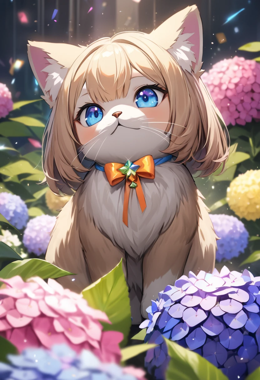 hydrangea park, kitten of the Burmese or Siamese breed, a-color cat eyes,Blur background,glitter effect,of the highest quality, 4k, 8k, high resolution, Masterpiece:1.2, Very detailed, realist:1.37, high resolution, 超high resolution, ultrafine paint, sharp focus, Physically based representation, Very detailedな説明, professional, vibrant colors