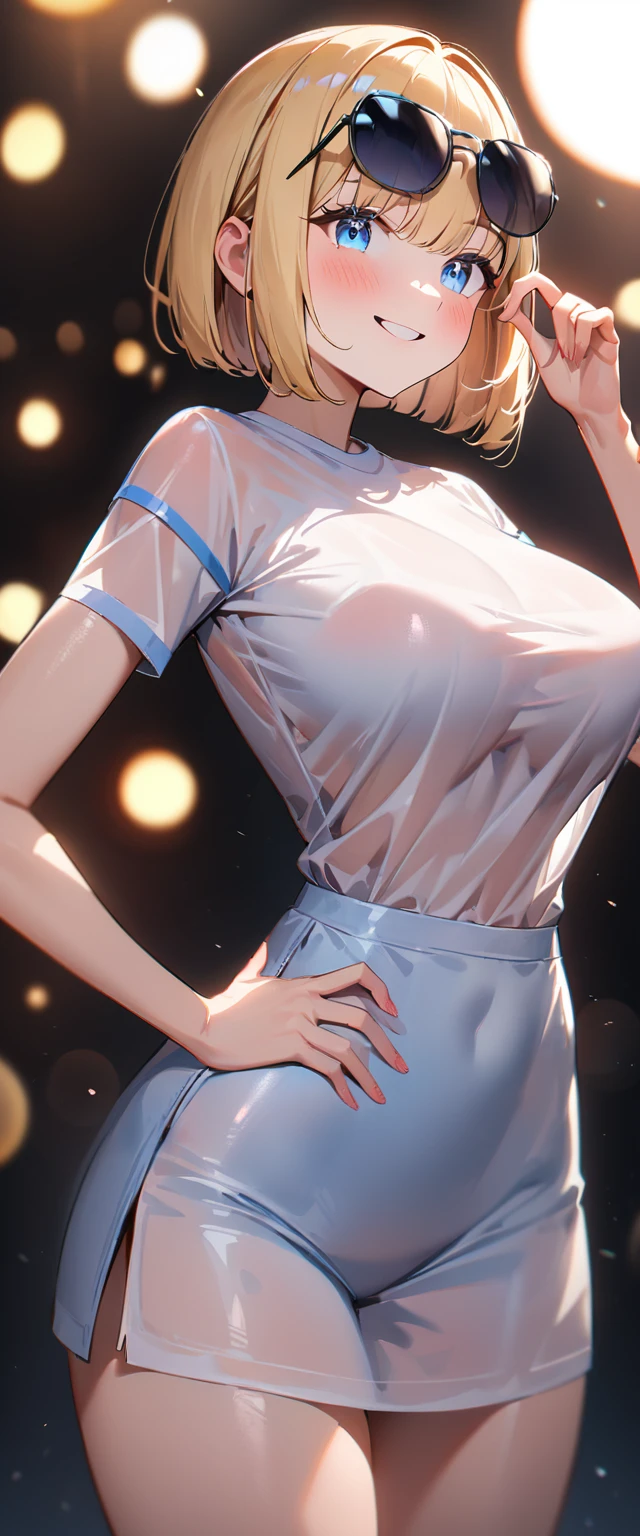 (((One Girl))), Blonde, Bobcut, (Cowboy Shot), ((sunglasses, hand to sunglasses)), (View your viewers), Focus on the face, ager, Tilt your head:1.3, (((blue eyes))), ((Smile)), ((blush)), Contrasting, Place one hand on hip, (((Exposed clothing))), School summer clothes, (((Large Breasts))), White shirt, ((See-through clothing)), skirt, , Anime Style, (Highest quality, 4K, 8K, High resolution, masterpiece:1.2, Super detailed, Super detailed eyes, High resolution, 超High resolution, Studio Lighting, Ultra-fine painting, Sharp focus, Physically Based Rendering, Very detailed explanation, Professional, Vibrant colors, Bokeh)