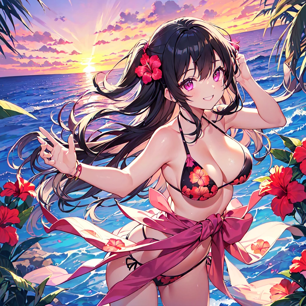 masterpiece, best quality, high quality, extremely detailed, very delicate and beautiful, (1 female 18 years old solo:1.5), (long black hair up to waist with two side up:1.5), bangs to eyebrows, eyes (eyes sharp, strong glossy glossy eyes, eyebrows glossy, (eye color magenta:1.3), 6.5 head height, (bikini swimsuit with hibiscus print:1.3), (floating on back in sea), (smiling), (dynamic pose), (background tropical sea:1.3), (sunset: 1.3)