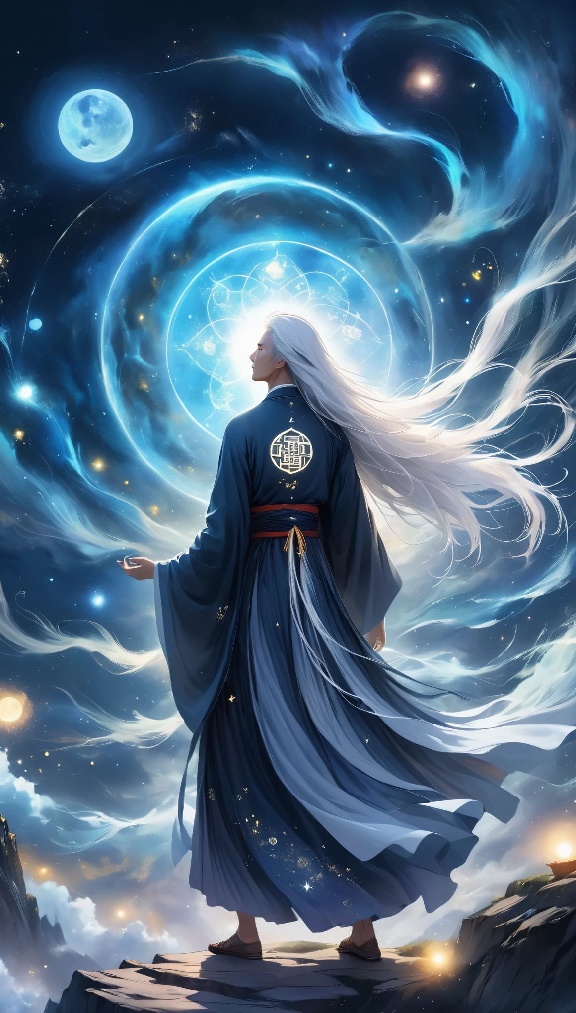 Chinese Mythology，Oriental Fortune Teller，Doho Sacrum，master，Old man standing on the edge of a cliff，With long white hair，Looking at the stars，Back contour，Black loose hanfu robe，Looking at the stars，(((Galaxy Tai Chi Bagua Diagram，Magic Circle，Runes，artistic conception，large quantities of，Runes，Luminescence)))，Dream,，
