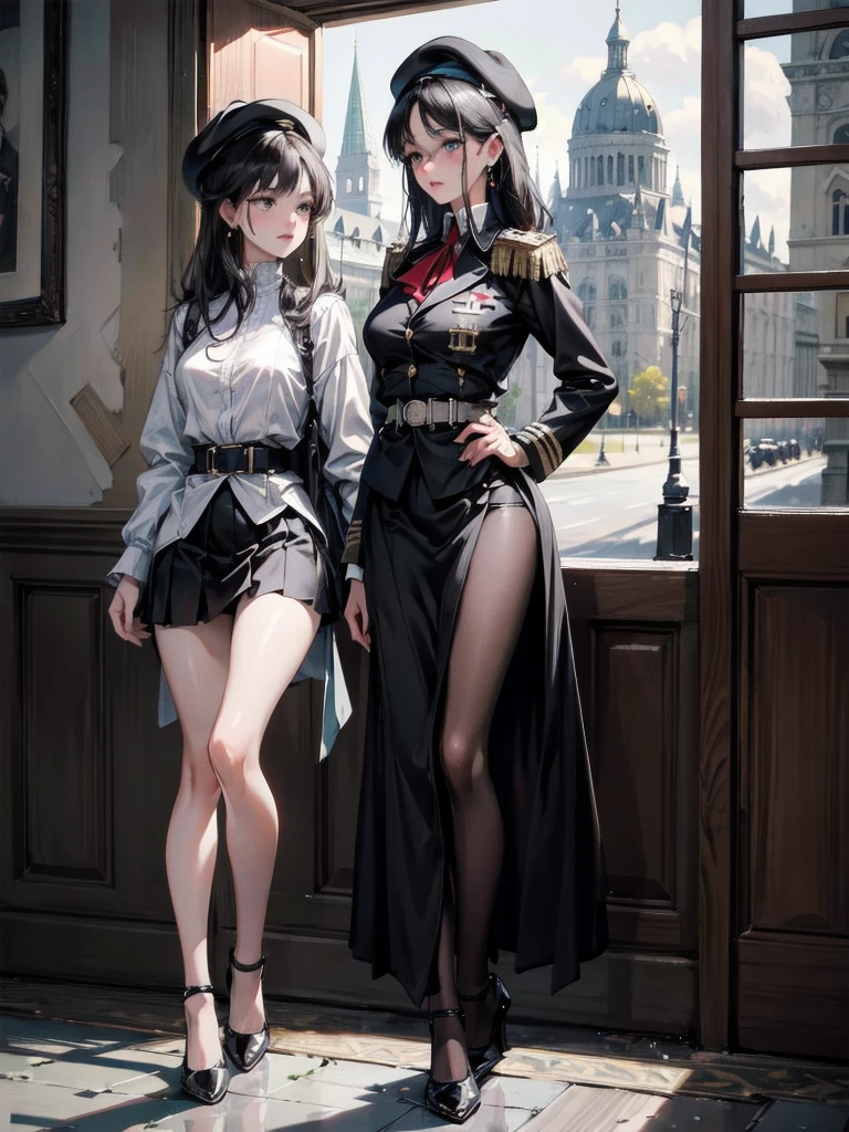 absurdres, RAW photo, extremely delicate and beautiful, masterpiece, Best Quality, ultra high resolution, 32k, hyperrealistic, ultra-detailed, delicate facial features, beautiful detailed woman, tearful mole, earring, medium breasts, full body shot, medium hair, black hair, 2 girls, yuri, beret, skirt, military uniform,