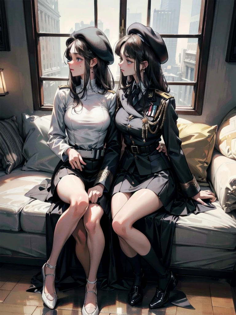 absurdres, RAW photo, extremely delicate and beautiful, masterpiece, Best Quality, ultra high resolution, 32k, hyperrealistic, ultra-detailed, delicate facial features, beautiful detailed woman, tearful mole, earring, medium breasts, full body shot, medium hair, black hair, 2 girls, yuri, beret, skirt, military uniform,