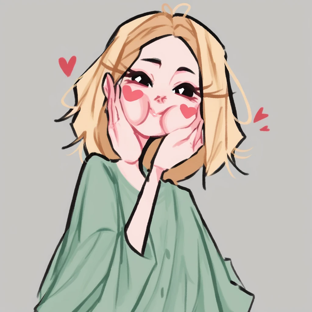 score_9, score_8_up, score_7_up, dijor, cute, girl with blonde cream hair, green dress, hidden hands, heart cheeks