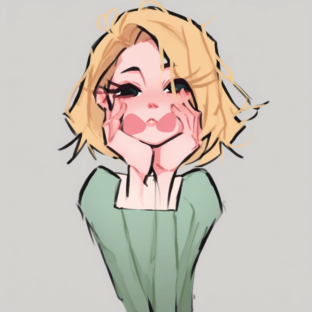 score_9, score_8_up, score_7_up, dijor, cute, girl with blonde cream hair, green dress, hidden hands, heart cheeks