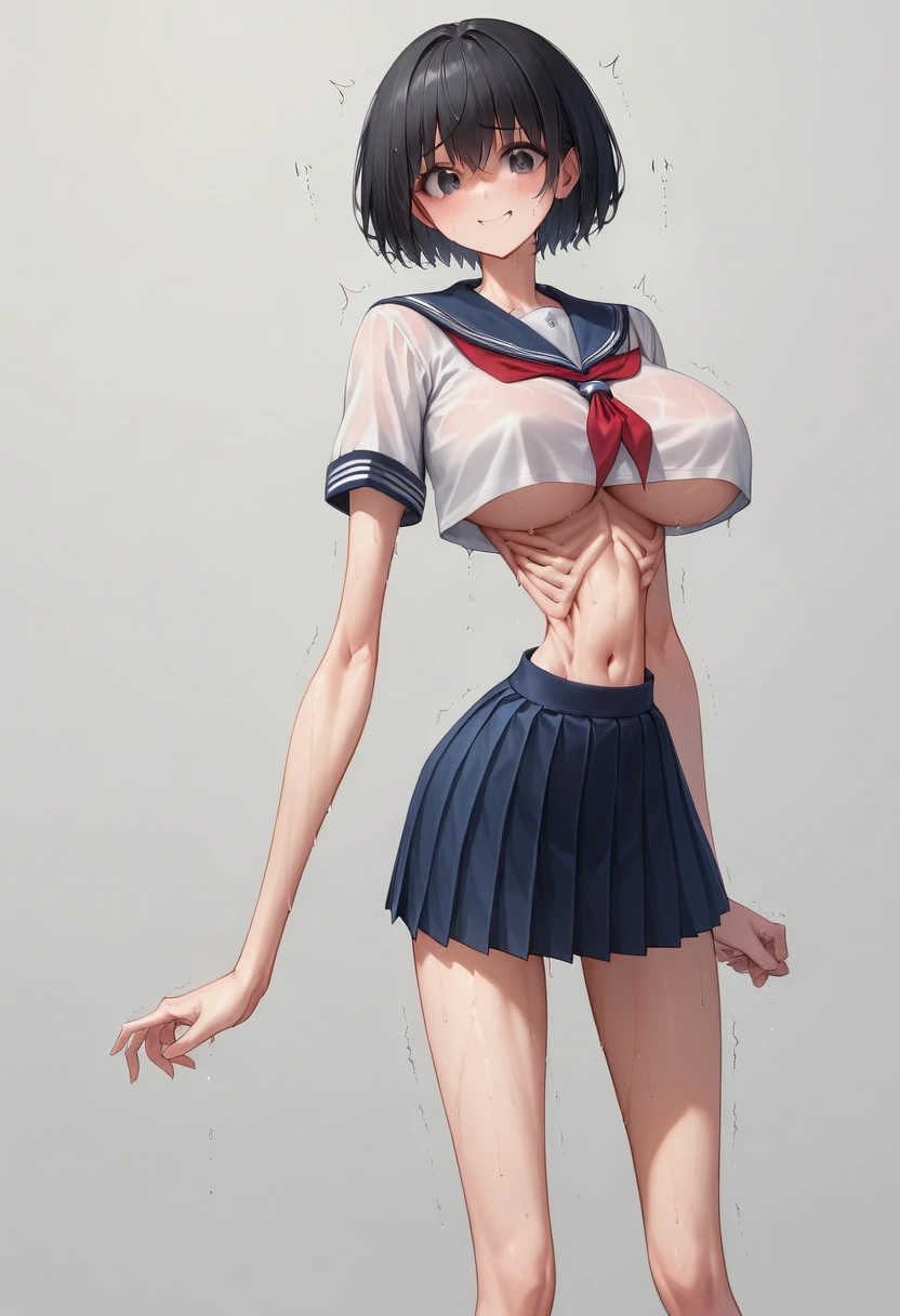 (masterpiece, best quality:1.2), front shot, beautiful thin 1girl, (super big breasts, micro waist, very long legs:1.5), Black hair, short bob hair, (Extremely skinny), short height, Light Skin, cute big eyes, cute beautiful thin face, forced smile, serafuku, mini skirt, Arched back, pigeon-toed, Embarrassing pose, Long and thin navel, (beautiful visible ribs:1.3), wet and sweaty, Trembling