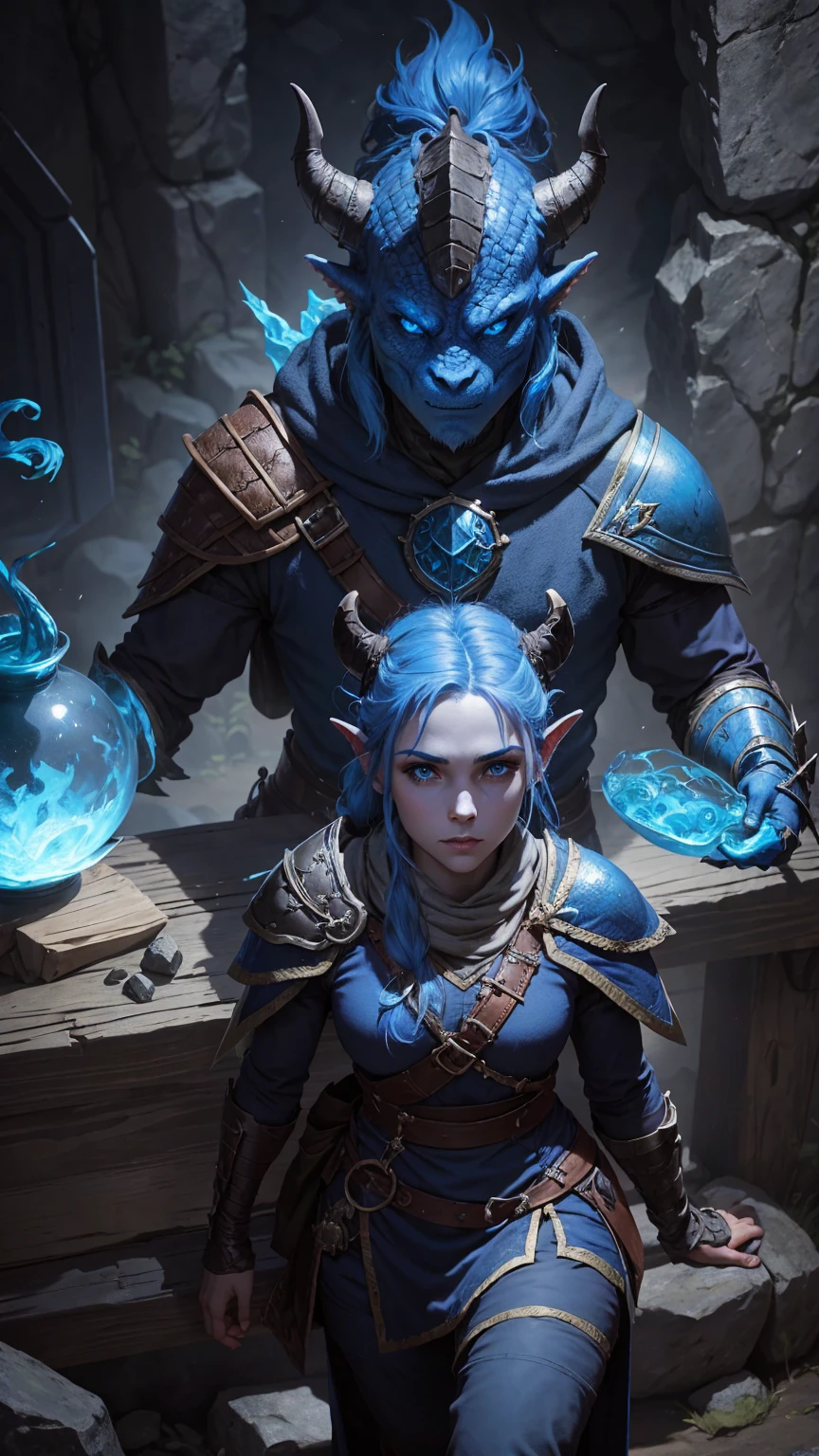 dungeons & dragons rpg blue full dragonborn,, draconic face aspects and no human features, ranger hunter with bow full body scene