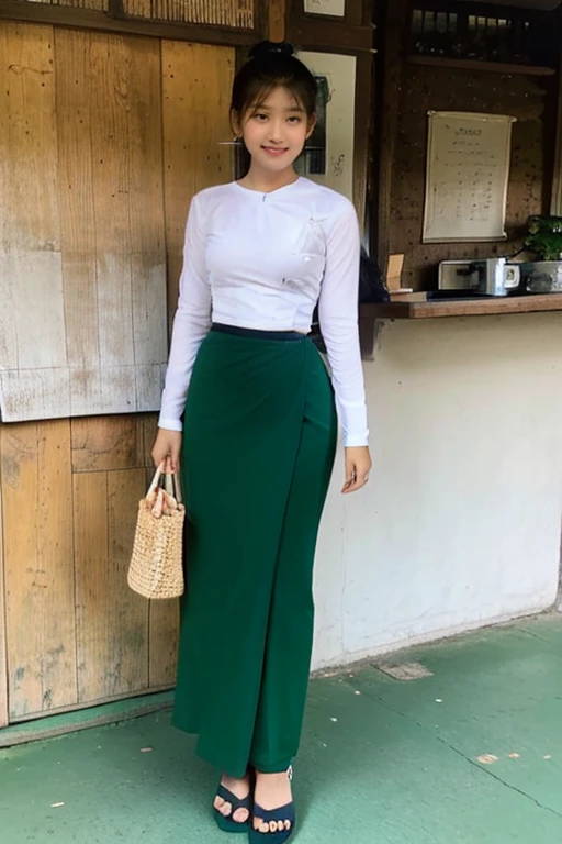 School teachers is 30years old.Tall, thin, big hips, big breasts, black hair, small lips, brown eyes, attractive, K.Top=white Burmese blouse,With long sleeves,Buttoned at the side.Bottom=(Dark green) long skirt.
Footwear=female Burmese sandals,The hair is knotted bun.Looking back over the shoulder,