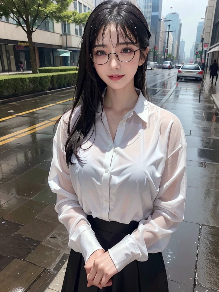 ((best quality, 8K, masterpiece: 1.3)),upper body,Thick black-rimmed glasses,Black Hair, black eye,sharp focus: 1.2, beautiful woman: 1.4, ((medium hair: 1.2)),(Silk darkmagenta long skirt、White long sleeve blouse with lace), (wet from rain: 1.3), (rain, street: 1.2), wet body: 1.2, Highly detailed face and skin texture, detailed eyes, double eyelids, White skin,E cup,smile,Financial district of the big city,Skyscraper,White skin,Wet Hair、Wet Skin、Wet clothes、smile、