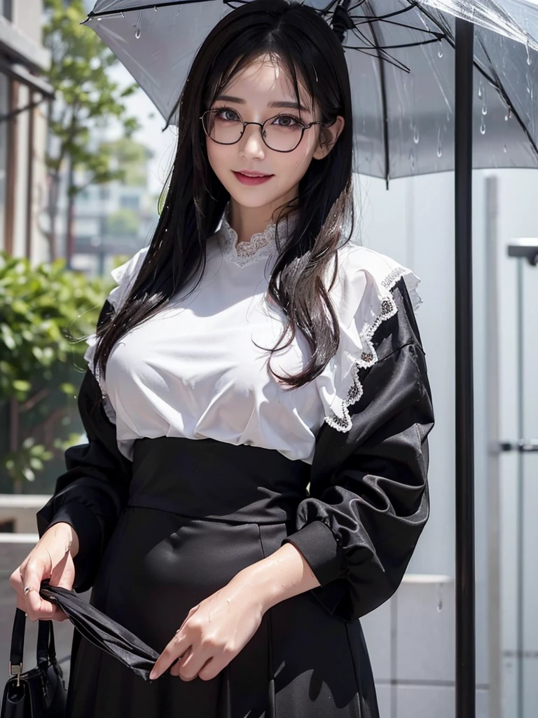 ((best quality, 8K, masterpiece: 1.3)),upper body,Thick black-rimmed glasses,Black Hair, black eye,sharp focus: 1.2, beautiful woman: 1.4, ((medium hair: 1.2)),(Silk darkmagenta long skirt、White long sleeve blouse with lace), (wet from rain: 1.3), (rain, street: 1.2), wet body: 1.2, Highly detailed face and skin texture, detailed eyes, double eyelids, White skin,E cup,smile,Financial district of the big city,Skyscraper,White skin,Wet Hair、Wet Skin、Wet clothes、smile、 