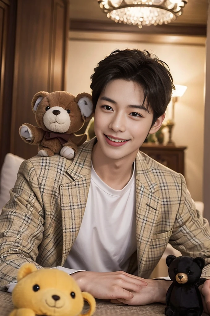 A handsome man in a gorgeously decorated room. highest quality, masterpiece, ultra high resolution Looking at me and smiling Multiple cute stuffed animals with very emotional expressions Smiling with wide open mouth