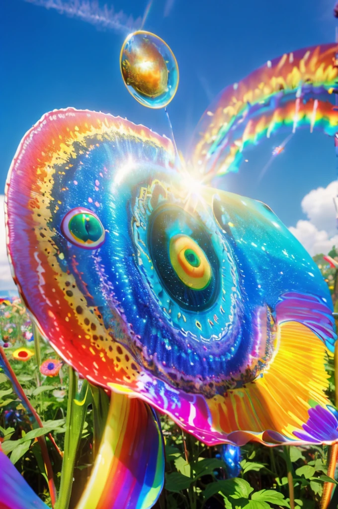 (Highest quality), (8K), (Highest quality), (live-action), (Realistic photos), Sunflower Garden, blue sky, Rainbow and sunshine shining.16K, Ultra-high resolution, Shining in rainbow colors、to be born,wonderful ,future、Iridescent、The world 30 years from now。