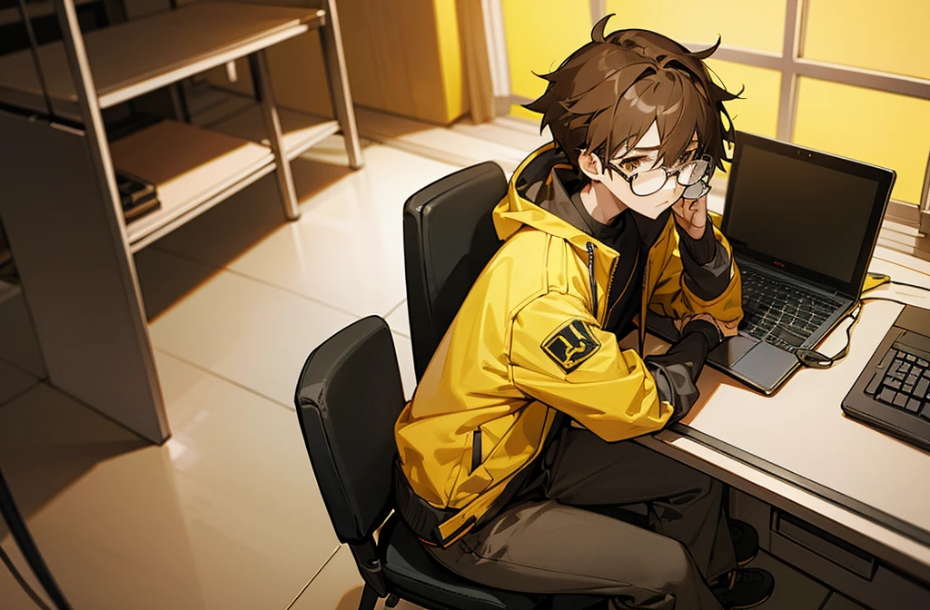 anime boy character sitting on a chair behind a table in studio his jacket color is yellow and also Wear black glasses and big brown hair , add a studio table with laptop and mic front of boy