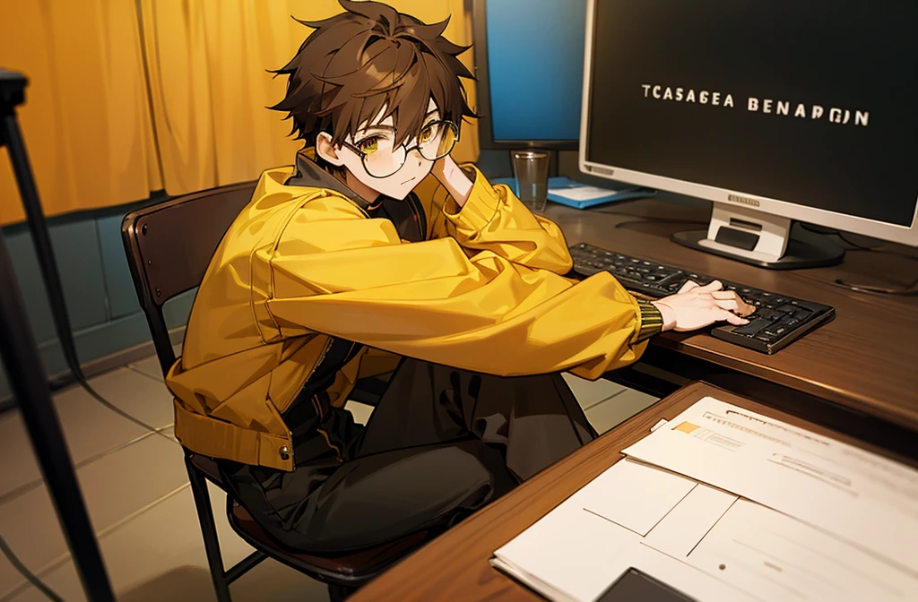 anime boy character sitting on a chair behind a table in studio his jacket color is yellow and also Wear black glasses and big brown hair , add a studio table with laptop and mic front of boy