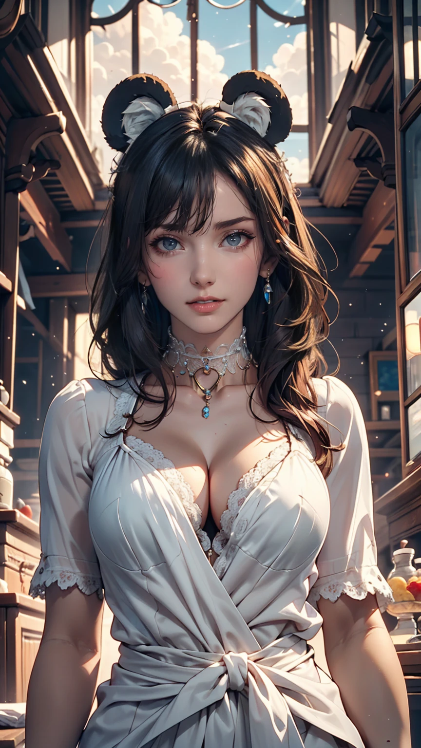 masterpiece, Highest quality, Movie stills, One Girl, Floating in the sky, Cloud Girl, cloud, (close: 1.1), bright, Happy, fun, Soft lighting, (Bauhaus, shape, line, Abstract: 1.1), Panda Ears、Sexy proportions、Sexy、adult、Narrow waist、Choker with lace embellishment、Accessories on your wrist