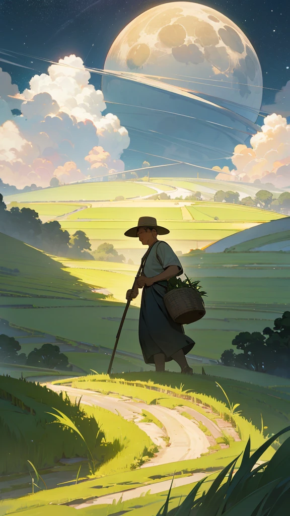 Old farmer carrying a burden, walking along winding path in countryside, big moon, Jupiter reflected, big clouds, sky, rice paddies, Neat rice seedlings in the field, forest, hill, quiet, countryside, HD details, Too many details, film, Surrealism, soft light, deep field focus bokeh, Ray tracing, Surrealism. --v6