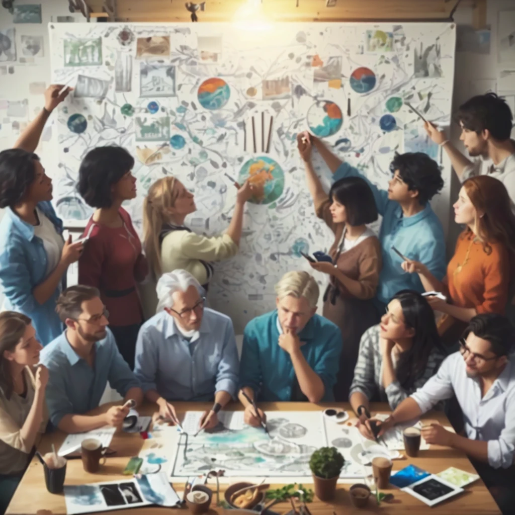 a group of people sitting around a table with a board on it, artistic interpretation, by Emma Andijewska, bringing people together, artistic illustration, ilustration, by Konrad Witz, collaborative, advertising photo, realistic depiction, by Joseph Werner, by Nicolette Macnamara, by Judith Gutierrez, item, artistic rendering, by Jeanna bauck, digitally enhanced