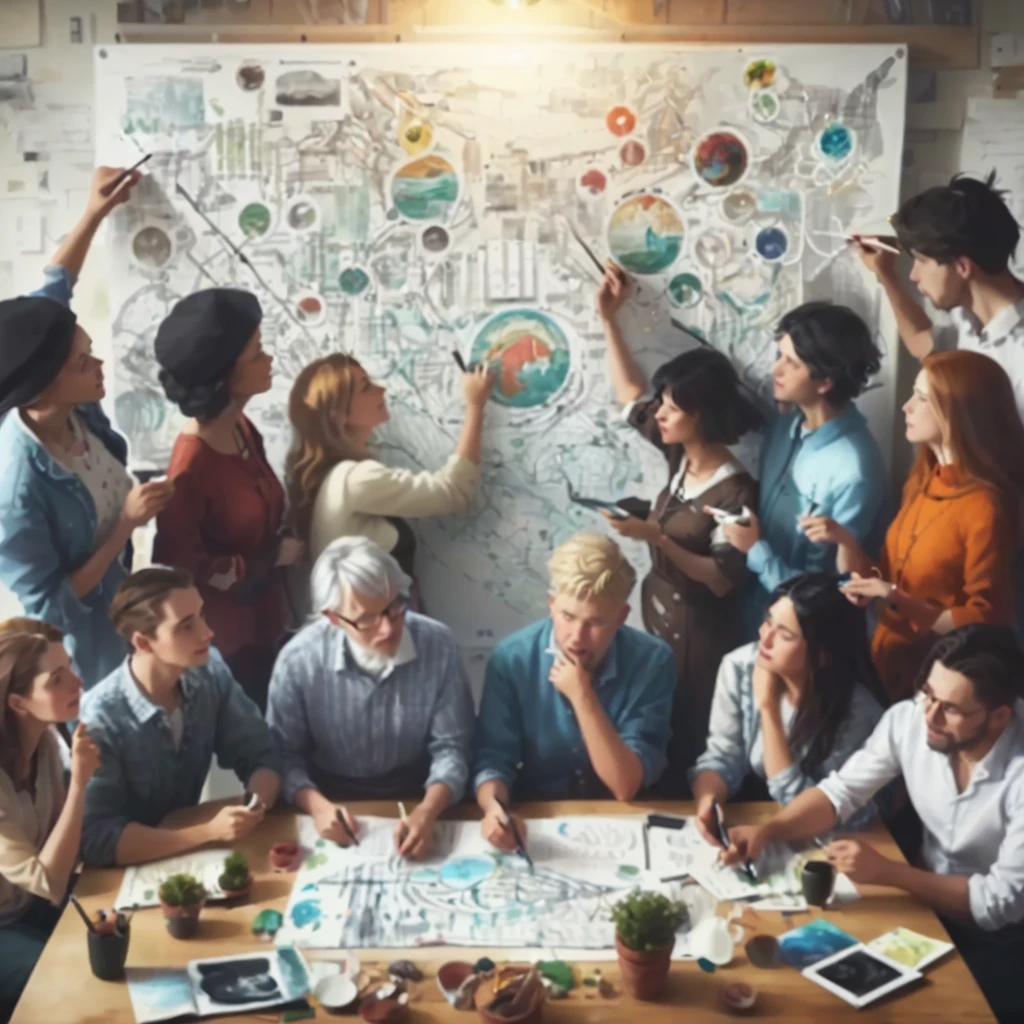 a group of people sitting around a table with a board on it, artistic interpretation, by Emma Andijewska, bringing people together, artistic illustration, ilustration, by Konrad Witz, collaborative, advertising photo, realistic depiction, by Joseph Werner, by Nicolette Macnamara, by Judith Gutierrez, item, artistic rendering, by Jeanna bauck, digitally enhanced