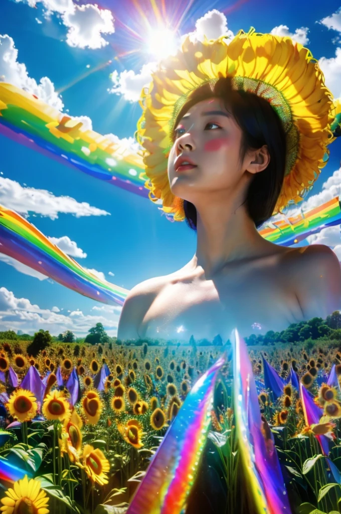 (Highest quality), (8K), (Highest quality), (live-action), (Realistic photos), Sunflower Garden, blue sky, Rainbow and sunshine shining.16K, Ultra-high resolution, Shining in rainbow colors、to be born,wonderful ,future、Iridescent、The world 30 years from now。