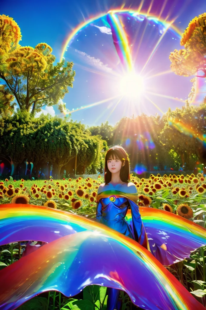 (Highest quality), (8K), (Highest quality), (live-action), (Realistic photos), Sunflower Garden, blue sky, Rainbow and sunshine shining.16K, Ultra-high resolution, Shining in rainbow colors、to be born,wonderful ,future、Iridescent、The world 30 years from now。