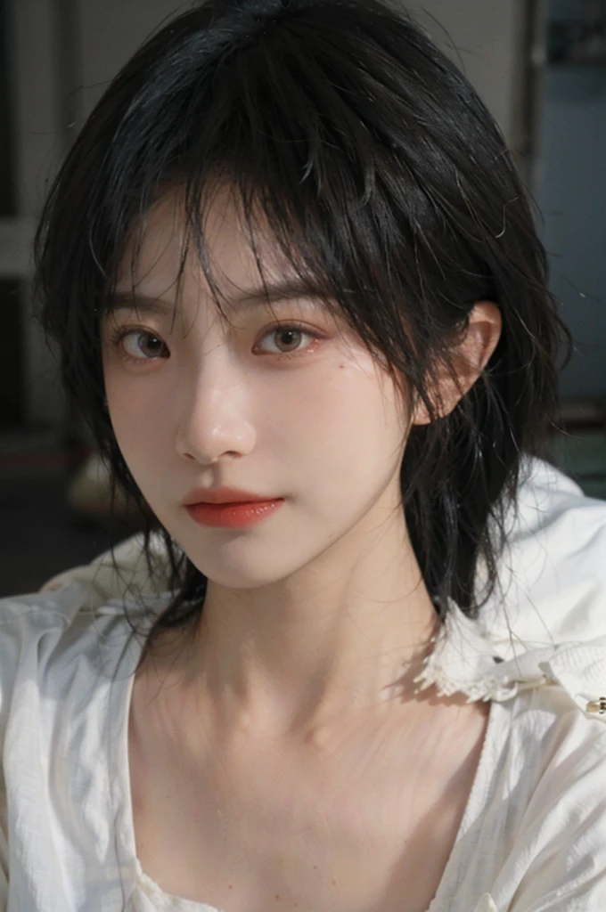 1 girl，Model，Upper Body，short hair,A faint smile,serene, calm，Moles under the eyes,Exquisite eyes, Delicate face,Lipstick,earrings,Hair details, skirt，（Dress conservatively：1.3）(Large Breasts:1.2),outdoor,background,城市background，(Skin details:1.4),(Realistic and detailed eyes：1.2）, Natural skin texture, Realistic facial details,Close-up of face,Portrait Photography,(Portrait Photography:1.1), (smooth skin textures:1.3), (Highest quality real skin textures:1.4), Direct vision,Soft dramatic lighting, Vivid details, 35 mm film, (Photo Practical:1.4), (hyper Practical:1.4), (Practical:1.3), (Smoother lighting:1.05), (Improve lighting quality:0.9), (Enhance the beauty of skin texture:1.1), Depth of Field, Bokeh, Surrealism, Ray Tracing, ( Surrealism, High Detail, Chiaroscuro, Ray Tracing, reflected light, Ultra HD, Ultra HD, masterpiece, Textured Skin, Super Detail, High Detail, high quality, best quality
