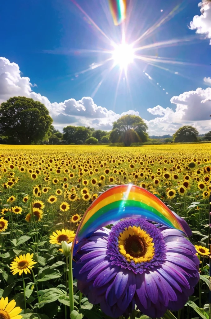 (Highest quality), (8K), (Highest quality), (live-action), (Realistic photos), Sunflower Garden, blue sky, Rainbow and sunshine shining.16K, Ultra-high resolution, Shining in rainbow colors、to be born,wonderful ,future、Iridescent、The world 30 years from now。