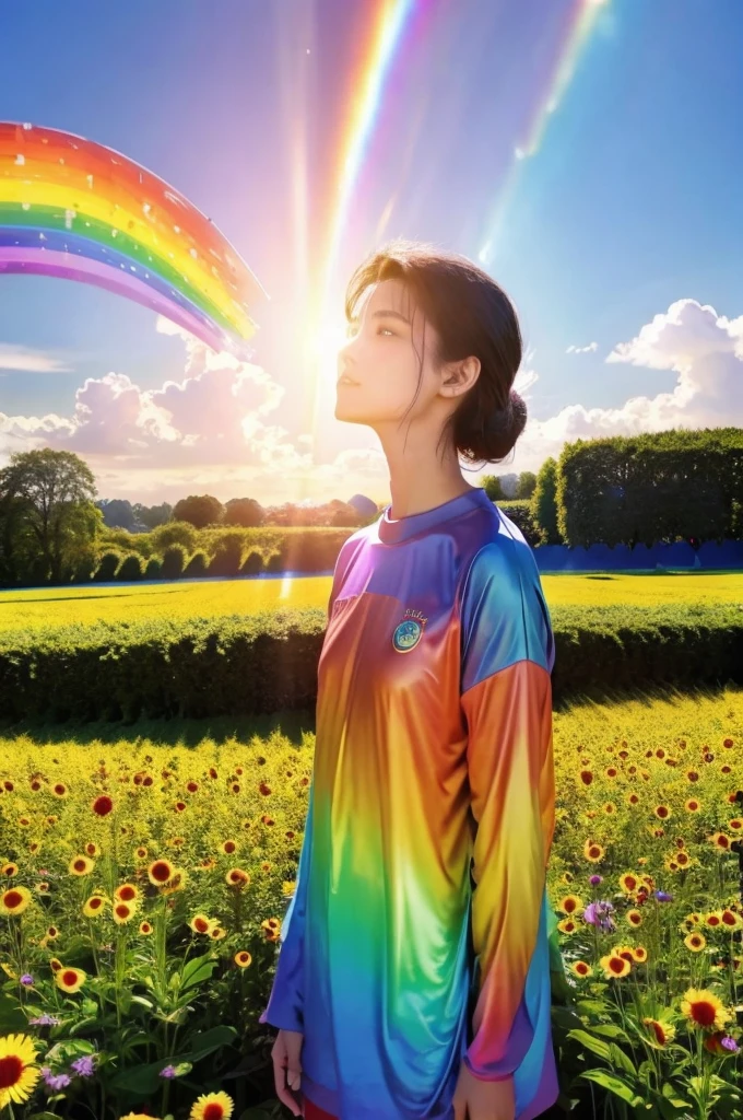 (Highest quality), (8K), (Highest quality), (live-action), (Realistic photos), Sunflower Garden, blue sky, Rainbow and sunshine shining.16K, Ultra-high resolution, Shining in rainbow colors、to be born,wonderful ,future、Iridescent、The world 30 years from now。