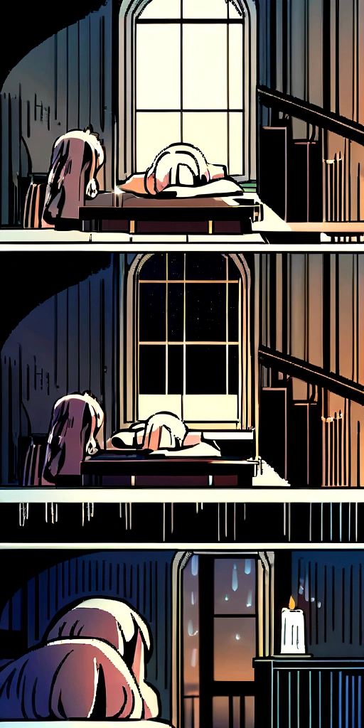 Cartoon comic image of a girl sitting at a desk resting her head on a table with a window where she can see rain falling next to her sleeping in the background and a candle , on rainy night