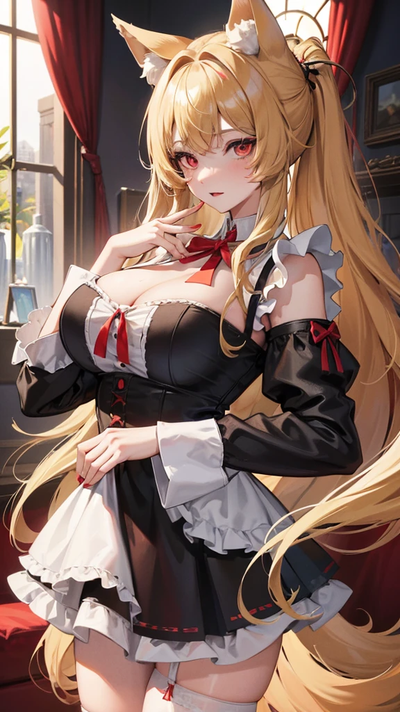 Female wolf, wears short maid clothes showing her panties, has long fluffy blonde hair, has red eyes, has large breasts, He has wolf ears and a wolf tail.