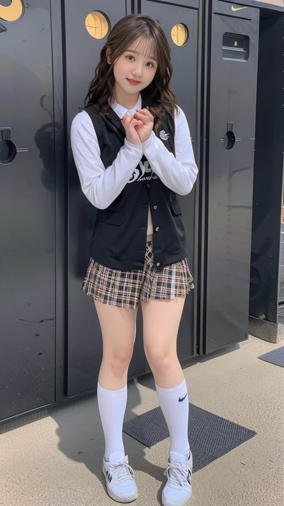 Ulzzang-6500-v1.1, (RAW Photos:1.2), (Photorealistic), (Genuine:1.4), (Pieces fly), A woman with a calm face wearing a checked vest., Large bust body type、(Ultra-realistic black short socks:1.2), Japanese Goddess, Sexy Girl, Otaku-like appearance, Sexy gaze wearing black socks, ((Full Body Shot:1.16))、Highlighted with white knee-length socks featuring the Nike logo。Black Nike logo on socks。There is always one black Nike logo visible on the socks.、Two perfect pairs of legs My hands are clean. I change in the locker room.、Ultra-realistic skin texture、Shiny skin、Exposed thighs with beautiful socks!!!