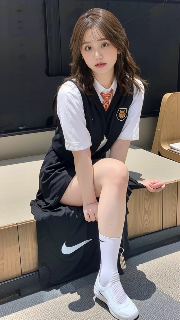 Ulzzang-6500-v1.1, (RAW Photos:1.2), (Photorealistic), (Genuine:1.4), (Pieces fly), A woman with a calm face wearing a checked vest., Large bust body type、(Ultra-realistic black short socks:1.2), Japanese Goddess, Sexy Girl, Otaku-like appearance, Sexy gaze wearing black socks, ((Full Body Shot:1.16))、Highlighted with white knee-length socks featuring the Nike logo。Black Nike logo on socks。There is always one black Nike logo visible on the socks.、Two perfect pairs of legs My hands are clean. I change in the locker room.、Ultra-realistic skin texture、Shiny skin、Exposed thighs with beautiful socks!!!