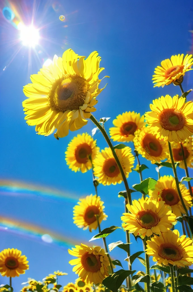 (Highest quality), (8K), (Highest quality), (live-action), (Realistic photos), Sunflower Garden, blue sky, Rainbow and sunshine shining.16K, Ultra-high resolution, Shining in rainbow colors、to be born,wonderful ,future、Iridescent、The world 30 years from now。