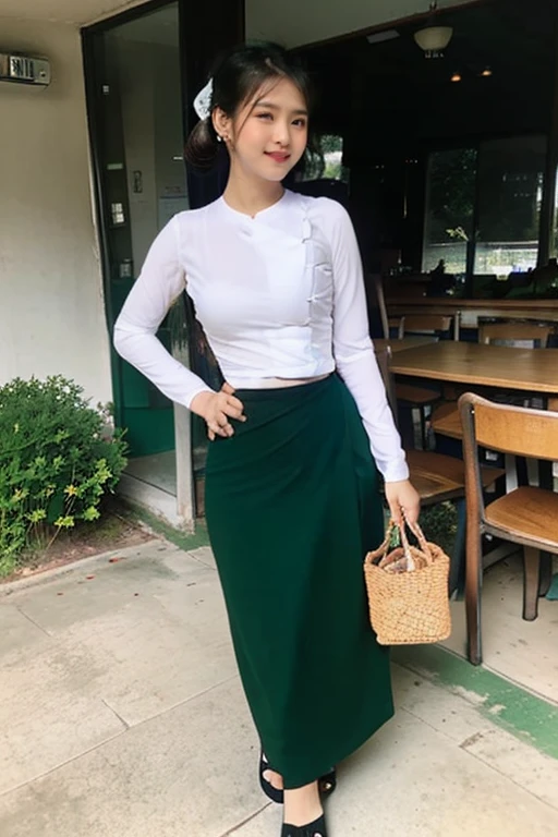 School teachers is 30years old.Tall, thin, big hips, big breasts, black hair, small lips, brown eyes, attractive, K.Top=white Burmese blouse,With long sleeves,Buttoned at the side.Bottom=(Dark green) long skirt.
Footwear=female Burmese sandals,The hair is knotted bun.Looking back over the shoulder,