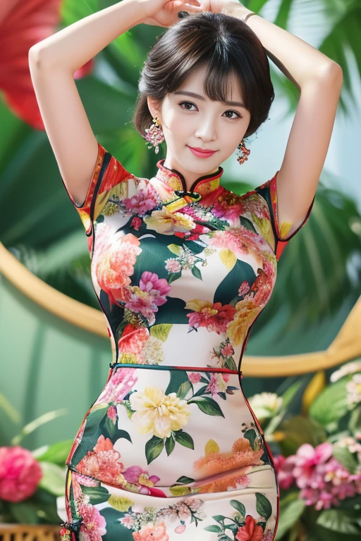 (Masterpiece、Top Quality、Top Quality、Official Art、Beautiful Beauty:1.2)、(1 Woman:1.3)、Soft Smile、Highly Detailed、(Fractal Art:1.1)、(Colorful:1.1)(Floral Pattern:1.3 )、Most detailed、(Tangled:1.2)、Beautiful face、Detailed face、Perfect proportions、Bomb breasts、Big chest thin waist、Navel、Big hips、Crotch gap、Thick and tight、(Dynamic pose)、(Abstract background:1.3) 、 (See-through cheongsam two-piece dress: 1.2)、(Glowing skin)、(Various colors: 1.4)、(Earrings: 1.4)、1 female
