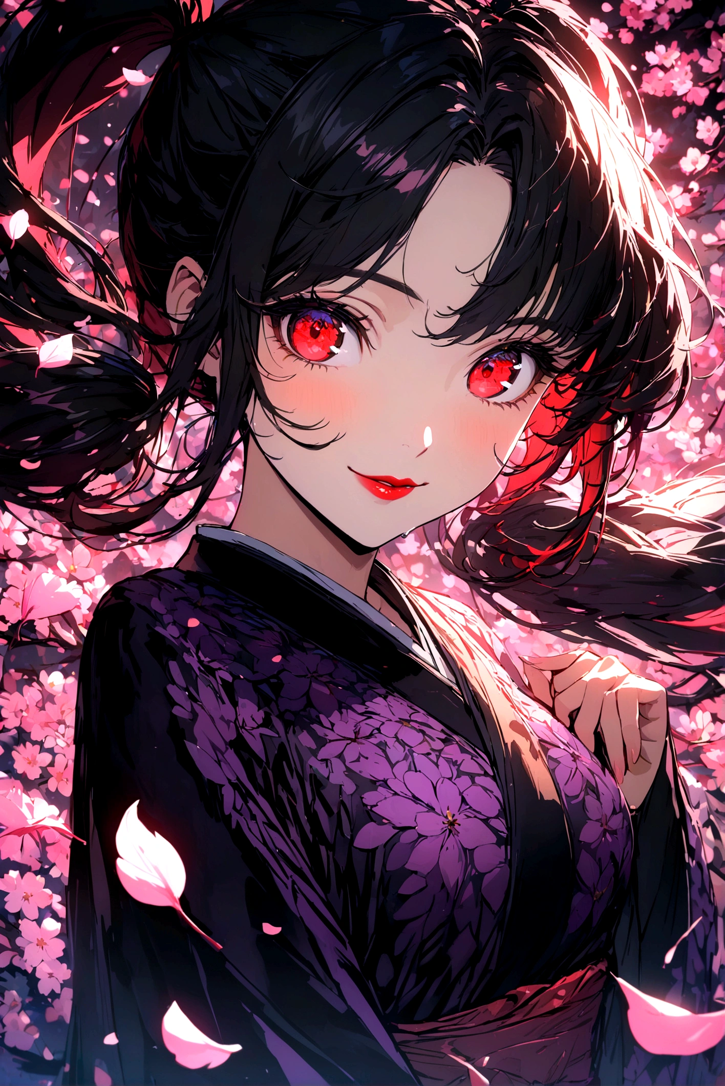 anime girl with short black hair and red highlights, long twin ponytails, vivid red eyes, thin red lipstick, wearing a purple kimono with a black bottom, medium-sized breasts, (best quality,4k,8k,highres,masterpiece:1.2),ultra-detailed,,anime,portrait,detailed face,beautiful detailed eyes,beautiful detailed lips,extremely detailed eyes and face,long eyelashes,intricate details,elegant expression,dramatic lighting,vibrant colors,cinematic composition walking in a cheery blossom field while smiling and holding a pink leaf
