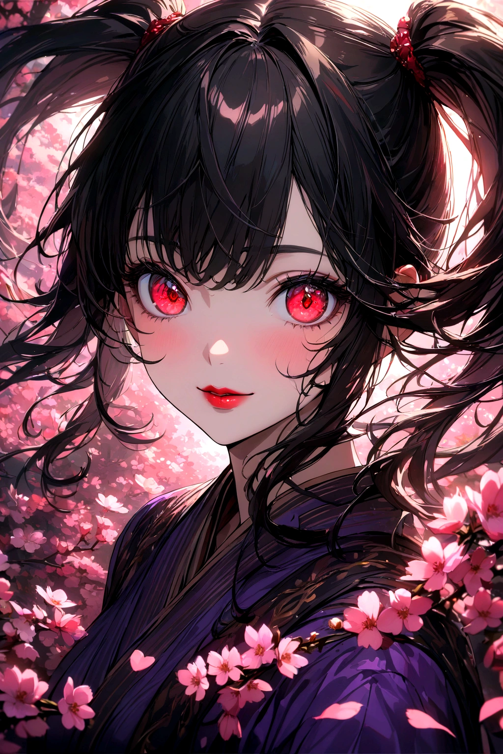 anime girl with short black hair and red highlights, long twin ponytails, vivid red eyes, thin red lipstick, wearing a purple kimono with a black bottom, medium-sized breasts, (best quality,4k,8k,highres,masterpiece:1.2),ultra-detailed,,anime,portrait,detailed face,beautiful detailed eyes,beautiful detailed lips,extremely detailed eyes and face,long eyelashes,intricate details,elegant expression,dramatic lighting,vibrant colors,cinematic composition walking in a cheery blossom field while smiling and holding a pink leaf