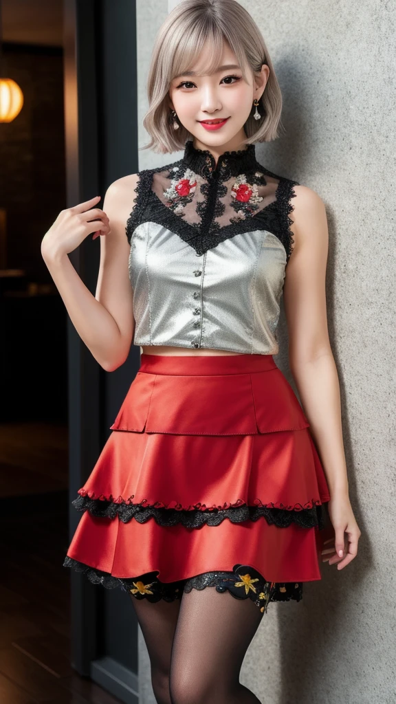 (8K, Photorealistic, Raw photo, Highest quality: 1.4),Japanese idol-style beautiful girl,1 person,18-year-old,(Short Bob),(Silver Hair :1.2),She has her hair tucked behind her ears,Clear grey eyes,Long eyelashes,(piercings(small)),(Lip gloss(red)),lips(Plump,glossy),thin long neck,(camisole(Black)),(flare skirt(Layered lace,Black)),tights(Mesh),High heels,(Sleeveless jacket((Lace embroidery),(Mesh))Layering),Party Venue,Standing food,Smiling at the camera,Knee shot snap