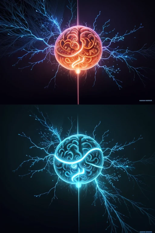 "Create an inspirational image that combines visual and textual elements to convey the power of changing thoughts. The image should include a stylized brain with glowing synapses and connections, symbolizing the neural system at work. Use a vibrant, contrasting color palette to highlight the visual elements. The image should evoke a sense of dynamism and unlimited potential."