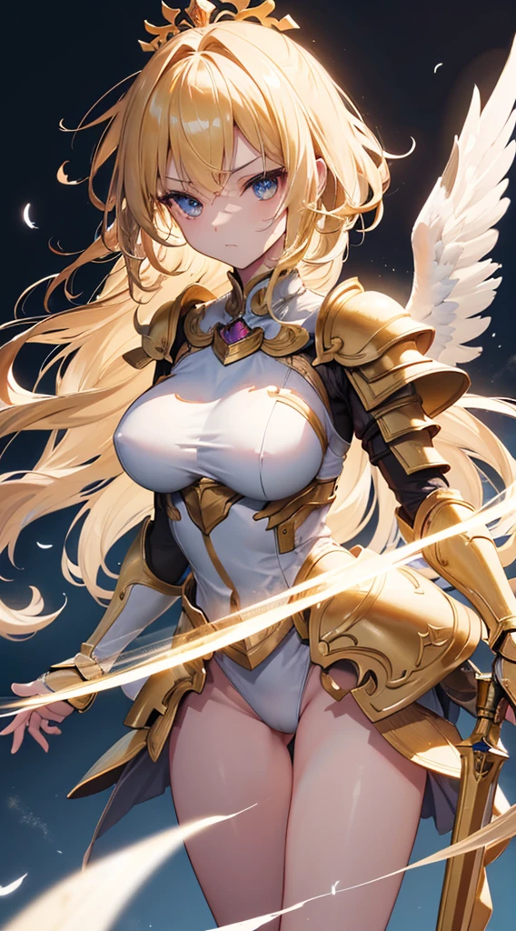 ((Super detailed)), (Highest quality),((masterpiece)), ((Very exciting)), ((8K)),((1440p)), ((Very clear)), ((Very sophisticated)), (Anime quality), (3d), (Photo quality), (wallpaper), (Best lighting, Best Shadow), alone, Full body portrait, woman, Archangel, Twin Wing, Big Wings, White Wings, Beautiful eyeliner, Long eyelashes, Thin eyebrows, Dark blue eyes, Anime qualityの目の説明, Clear Eyes, Upturned eyes, Clear Body, macular body, macular legs, Blonde, Wavy Hair, Big Breasts, Beautiful breasts, Heavy chest, See-through, Golden Armor, Chest armor, Waist Armor, Pauldrons, Arm armor, hand armor, Leg armor, Sky Background, Stand before the sun, Looking down on the audience, Many white feathers are dancing in the air, Dynamic Angle, Looks scary, angry looking, describe the face in detail, elegant hair accessories, Fight, Realistic skin texture, Healthy Skin, Light shines in, Shine, Shine, Close your mouth, flash cheek, Shine肌, Put your arms behind your back