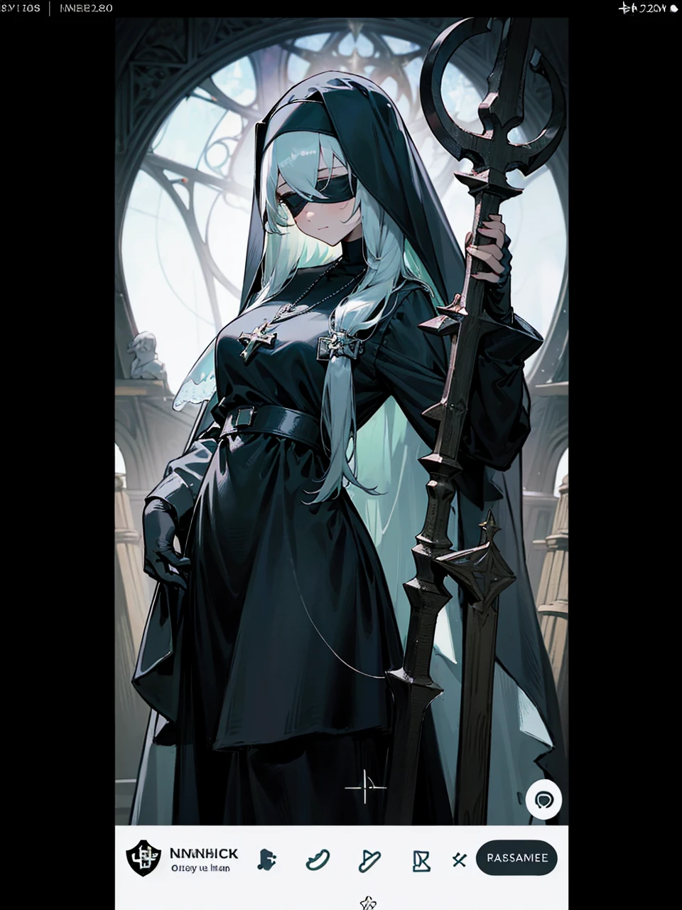 a nun with a blindfold and a modest black church nun outfit, with some silver jewelry, she also wears a long see through veil on her head, with a faded sliver star shaped halo at the back, she is holding her hands together symbolizing a prayer gesture.